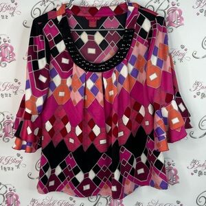 Sunny Leigh blouse ruffle beaded neckline Pink and Black Geometric Blouse
